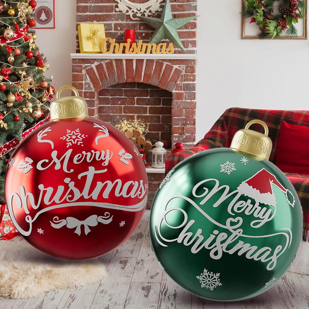 2Pcs 24 Inch PVC Giant Outdoor Ornament Balls Outdoor Christmas Balls, Giant Inflatable Christmas Ornaments Ball Xmas Blow up Ornament Ball for Indoor Yard Porch Lawn (Graphic Style, 2Pcs)