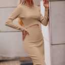 PRETTYGARDEN Women's Long Sleeve Midi Bodycon Dresses Casual Crewneck Cut Out Ribbed Knit Fitted Pencil Dress (L)