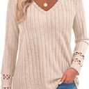 PRETTYGARDEN Women's Long Sleeve Shirts Ribbed Knit V Neck Tee Dressy Casual Blouses Going Out Tunic Tops 2026 Fall Outfits (Beige, S)