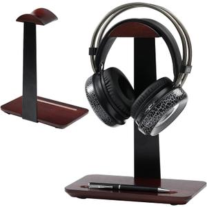 Walnut Wood Headphone Stand with Pen Holder - Desktop Wooden Headphone Stand, Solid Wood Headset Holder & Executive Desk Organizer for Office, Compatible with AirPods Max, Sony, Bose