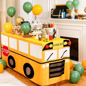 Oudain 8 FT School Bus Tablecloth First Day of Party Table Cover School Bus Theme Party Birthday Decoration Washable Fabric Polyester Rectangle Table Cover Protector Birthday Decoration (96" x 30" (Rectangular))