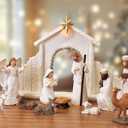 Aneco 15 Pieces Classic Nativity Set Christmas Nativity Stable Manger Figurine Resin Decor Christmas Tabletop Scene Shepherds, Animals and Angels for Xmas Indoor Home Decorations