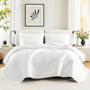 Comfort Spaces Kienna Quilt Set- Double Sided Stitching Design Summer Blanket, Lightweight, Soft, All Season Bedding Layer, Matching Sham, White, Coverlet Full/Queen(90"x90") 3 Piece