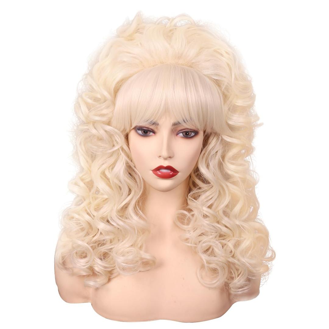 FantaLook 80s Long Curly Vintage Cosplay Wig with Bang for Women 60 70s Queen Costume for Halloween Party (Blonde)