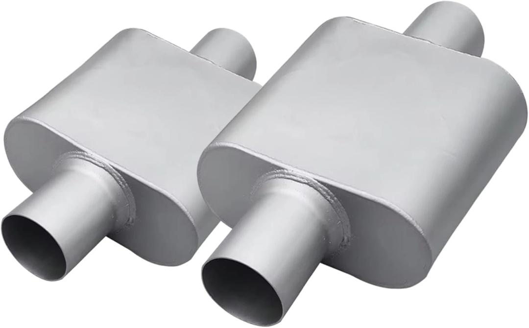 Universal 2.25" Inlet 2.25" Outlet Single Chamber Muffler - 13" Total Length (7x9x4 in Body), Aluminum Coated Exhaust with Internal Baffle to Produce Aggressive Deep Sound (2 Pack)