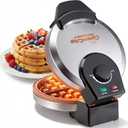Elite Gourmet Belgian Waffle Maker with PFAS-Free CeramiCrisp Ceramic Nonstick Plates, Adjustable Browning Control, 1100W Heating, Power & Ready Indicator Lights, Vertical Storage, Stainless Steel