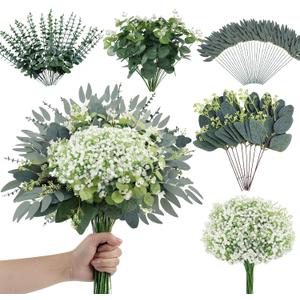 N&T NIETING 120Pcs Artificial Mixed Eucalyptus Stems Leaves Bulk, Faux Greenery Stems Branches with Baby Breath Silver Dollar Fake Eucalyptus Sprays for Wedding Decor Vase Bouquet Floral Arrangement