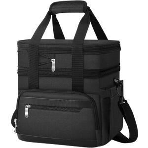 Insulated Lunch Box for Men & Women - Double Layer Leakproof Lunch Bag with Adjustable Shoulder Strap, Expandable Food Cooler for Work, Office, Travel, Camping (Black)