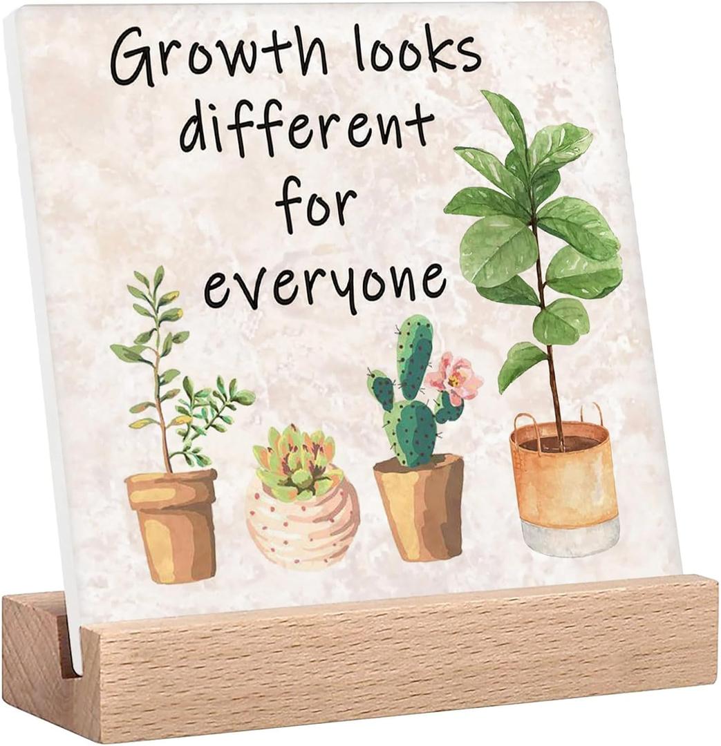 Inspirational Office Desk Decor Sign Gifts For Women Social Worker Motivational Quotes Desk Decor Growth Looks Different For Everyone Signs Cute Plant Office Decorations For Work Table Decor Sign, 4.3"x4.3"