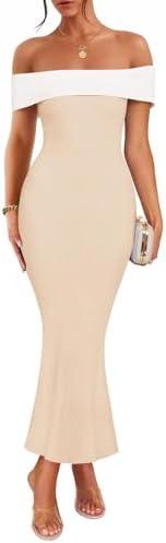 ZESICA Women's 2025 Summer Off The Shoulder Ribbed Knit Sweater Dresses Sleeveless Color Block Party Bodycon Maxi Dress, S