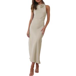 Halfisland Satin High Neck Backless Sleeveless Midi Dresses for Women Elegant Mock Neck High Waist Cross Back Cocktail Dress (Large, Champagne)
