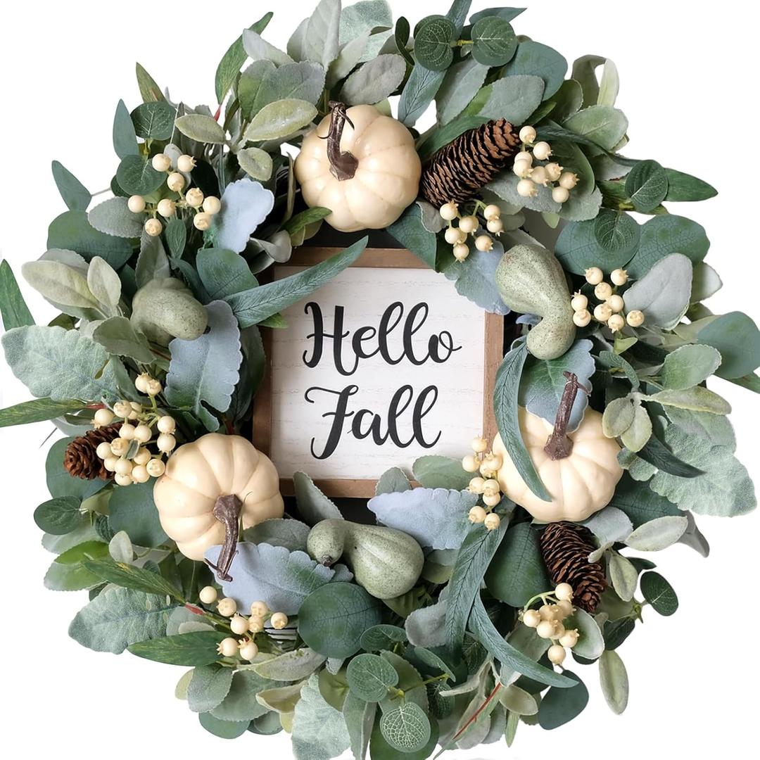 20inch Fall Pumpkin Wreath Harvest Green Leaf Hello Fall Sign Wreaths Front Door Back Door Hallway Decorative Wreath Thanksgiving Harvest Festival Celebration