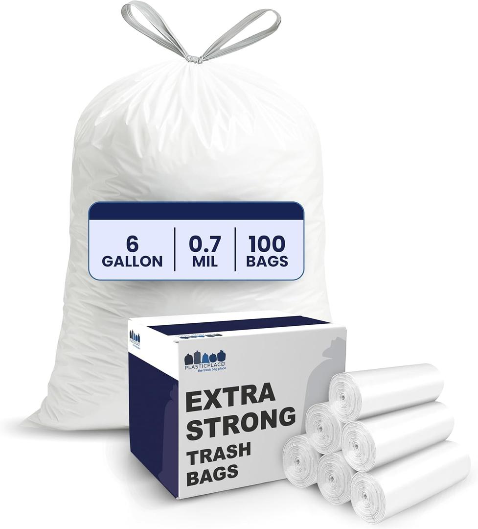 Plasticplace 6 Gallon Trash Bags White Drawstring Garbage Can Liners, 17” x 20”, 100 Count, for Bathroom Kitchen Office Car Small Trash Bags, Leak-Proof & Tear-Resistant