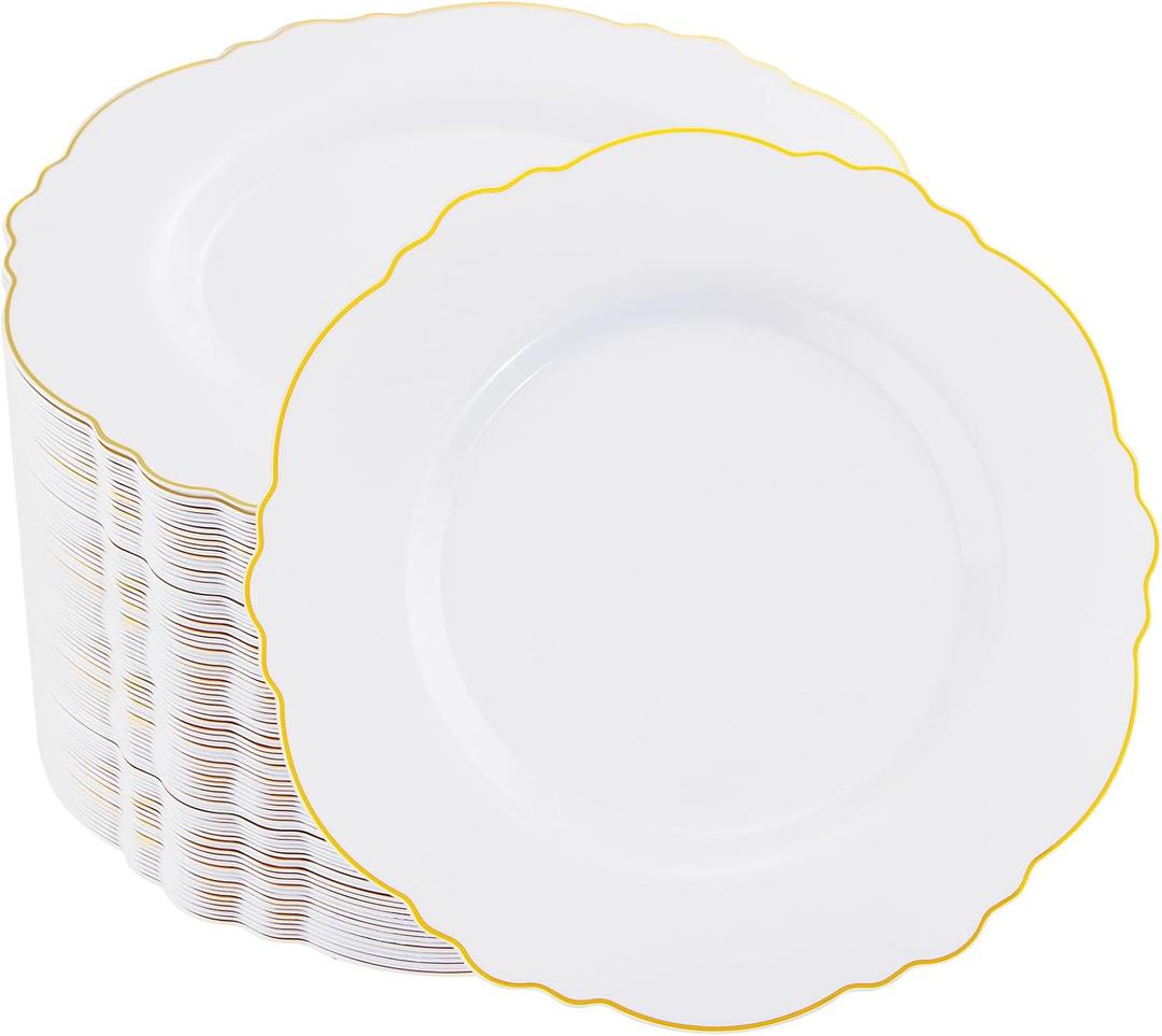WDF 60pcs Gold Dessert Plates-7.5inch Baroque White and Gold Plastic Plates/Disposable Dessert/Salad Plastic Plate for Upscale Parties &Wedding&Father's Day
