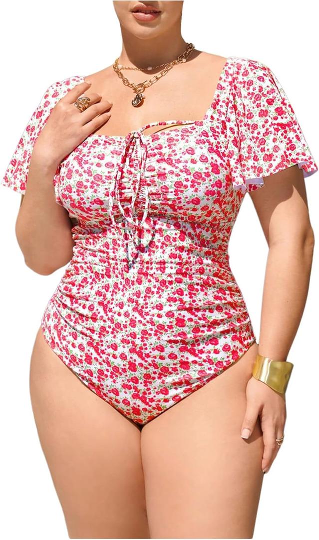 Floerns Women's Plus Size Floral One Piece Swimsuit Square Neck Ruffle Sleeve Bathing Suit (3X-Large Plus, Red Multi)
