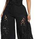 Mandonce Sexy Outfit Going Out Off Shoulder Lace Tube Top and Lace Flowy Wide Leg Pants Beach Vacation 2 Piece Sets for Women Black, XXL