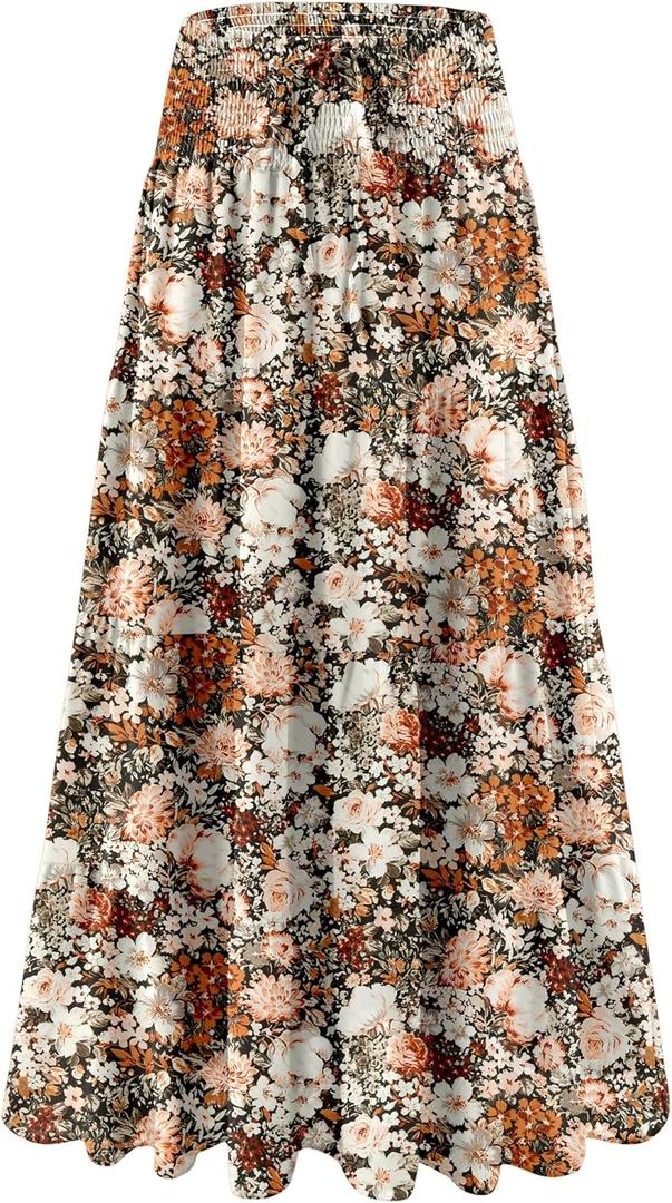 Womens Ruffle Maxi Skirts:High-Waist Elastic Pleated Long Skirt-Summer Casual Boho Flowy Skirts with Drawstring (Flowers-coffee Floral)