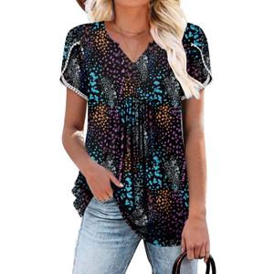 BETTE BOUTIK pleated petal short sleeve bohemian shirts for women blouses for women dressy casual LeopardColor Small