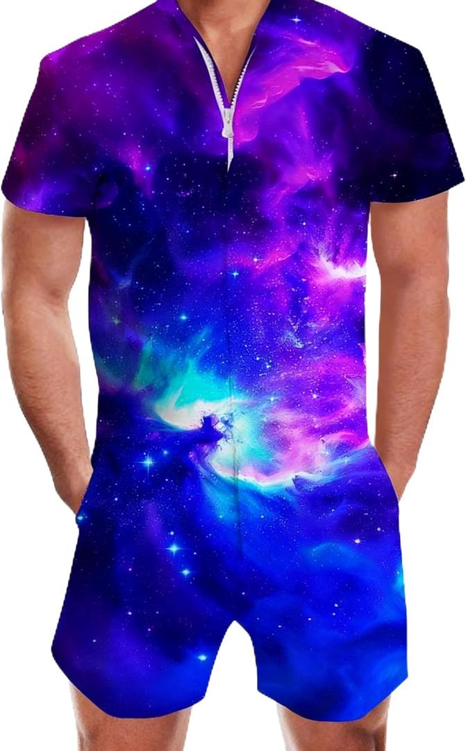 Goodstoworld Male Hawaiian Romper Fashion Zipper Slim Fit Jumpsuit with Pocket S-XXL (Medium, A5 Galaxy)