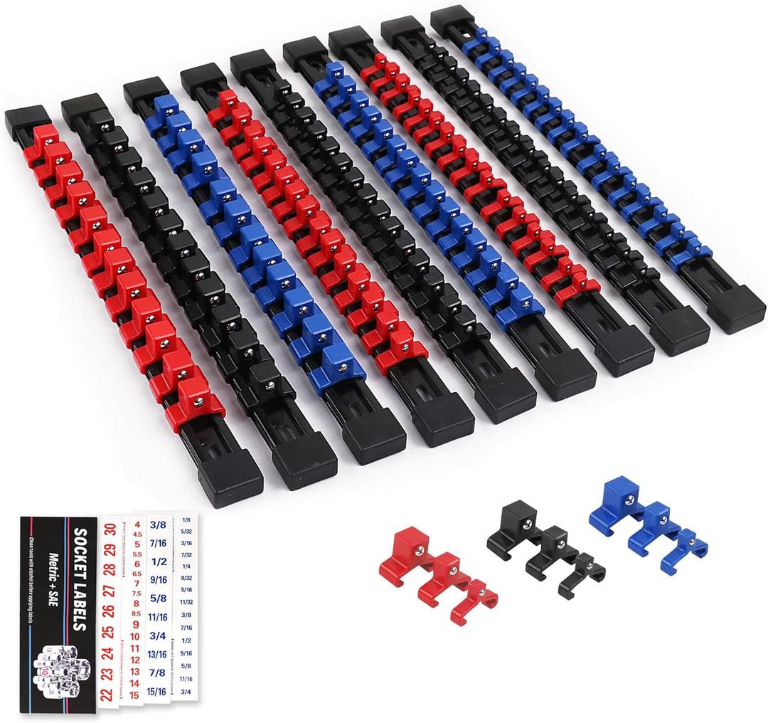 SWANLAKE 9-Piece Premium Socket Holder Organizer Set, 1/4-Inch x 48 Clips, 3/8-Inch x 45 Clips, 1/2-Inch x 36 Clips, Premium Quality Socket Clip Rail Holder
