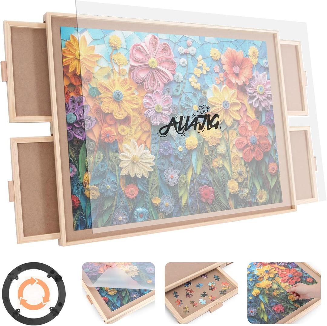 ALL4JIG 1500 Pieces Rotating Puzzle Board with 4 Drawers and Cover,24.92"x33.58" Portable Wooden Jigsaw Puzzle Table for Adults,Lazy Susan Spinning Puzzle Boards Birthday Gift for mom