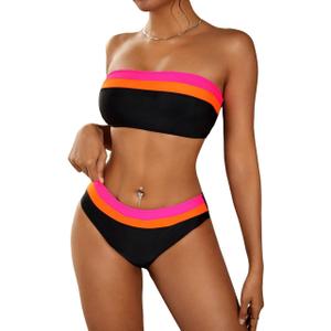ZAFUL Women's High Cut Bandeau Bikini Set Strapless Solid Color 2 Pieces Bathing Suit Swimsuit (Medium, 5-black Red)