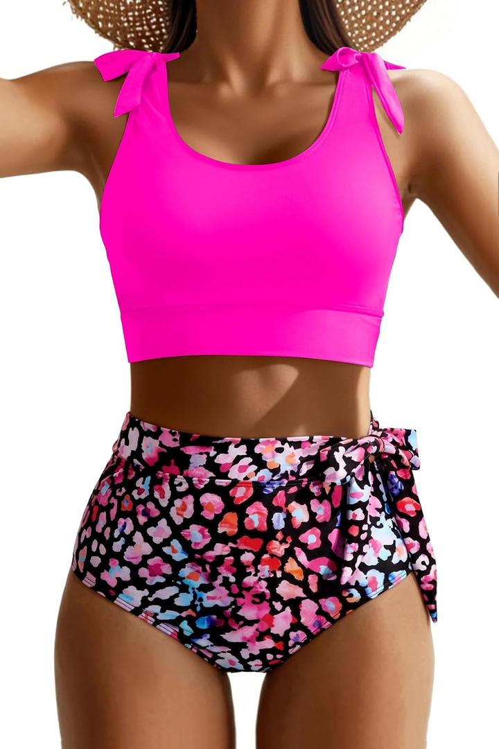 High Waisted Two Piece Bikini - Tummy Control Modest Swimsuit Bathing Suit | High-waisted for tummy coverage Adjustable tie straps for personalized comfort Side ties for a customizable fit (S)