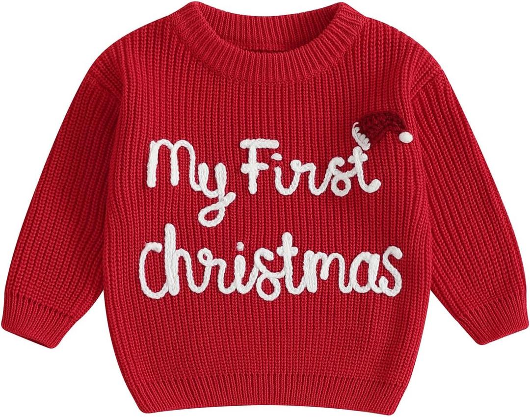 My First Christmas Sweater Baby Boy Girls Knit Sweater Christmas Outfits Letter Embroidery Pullover Tops (3-6 Months, Red)