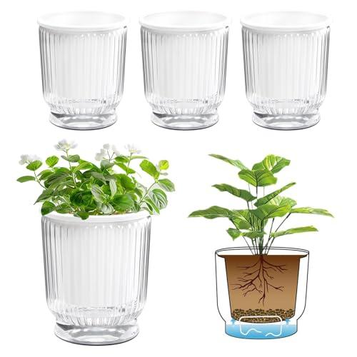 T4U 4.8 Inch Self Watering Plant Pot, 4 Pack Self Watering Pots, Self Watering Planter with Reservoir, Small Self Watering Pots for Indoor Plants, African Violets (4 Pack, 4.8", Clear)