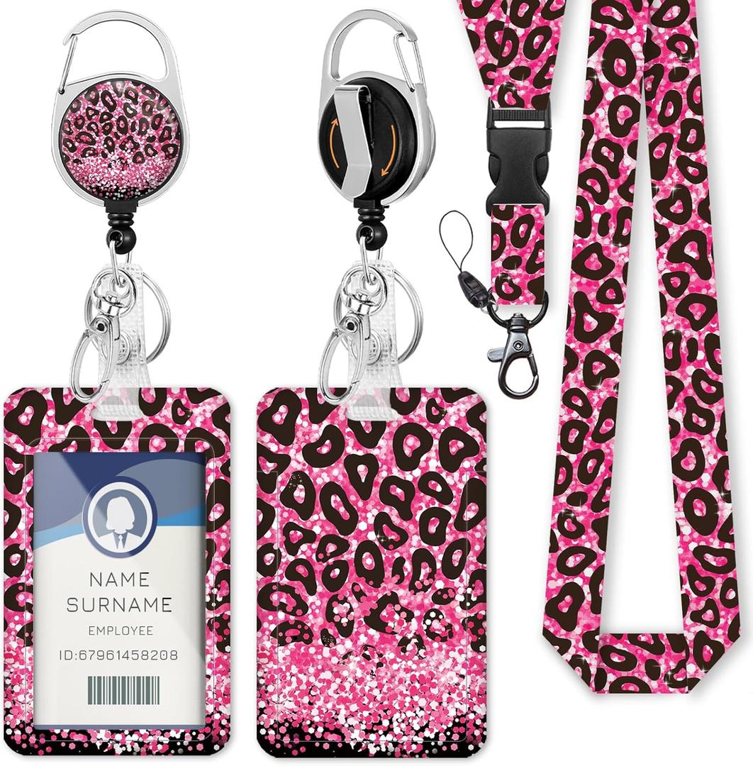 Gctriki Leopard ID Badge Holder with Breakaway Lanyard for Keys and Name Tags, Cute Retractable Reel, Teacher Lanyards Badges Card Holder, Nurse Workers Women Office Gifts, RELA469CA