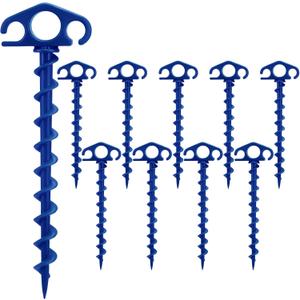 Tent Stakes Ground Anchors Screw in, 10 Pack Sand Stakes for Beach 9.4 Inch Heavy Duty Spiral Tent Pegs for Camping, Party, Hiking, Outdoor Decoration (10, Blue)