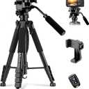 Camera Tripod, 75 Heavy Duty Tripod for Camera with Phone Holder and Travel Bag, Compatible with Video Camera, DSLR, Spotting Scopes, Camcorder, GoPro, Cell Phone, Max Load 16LB (Black)