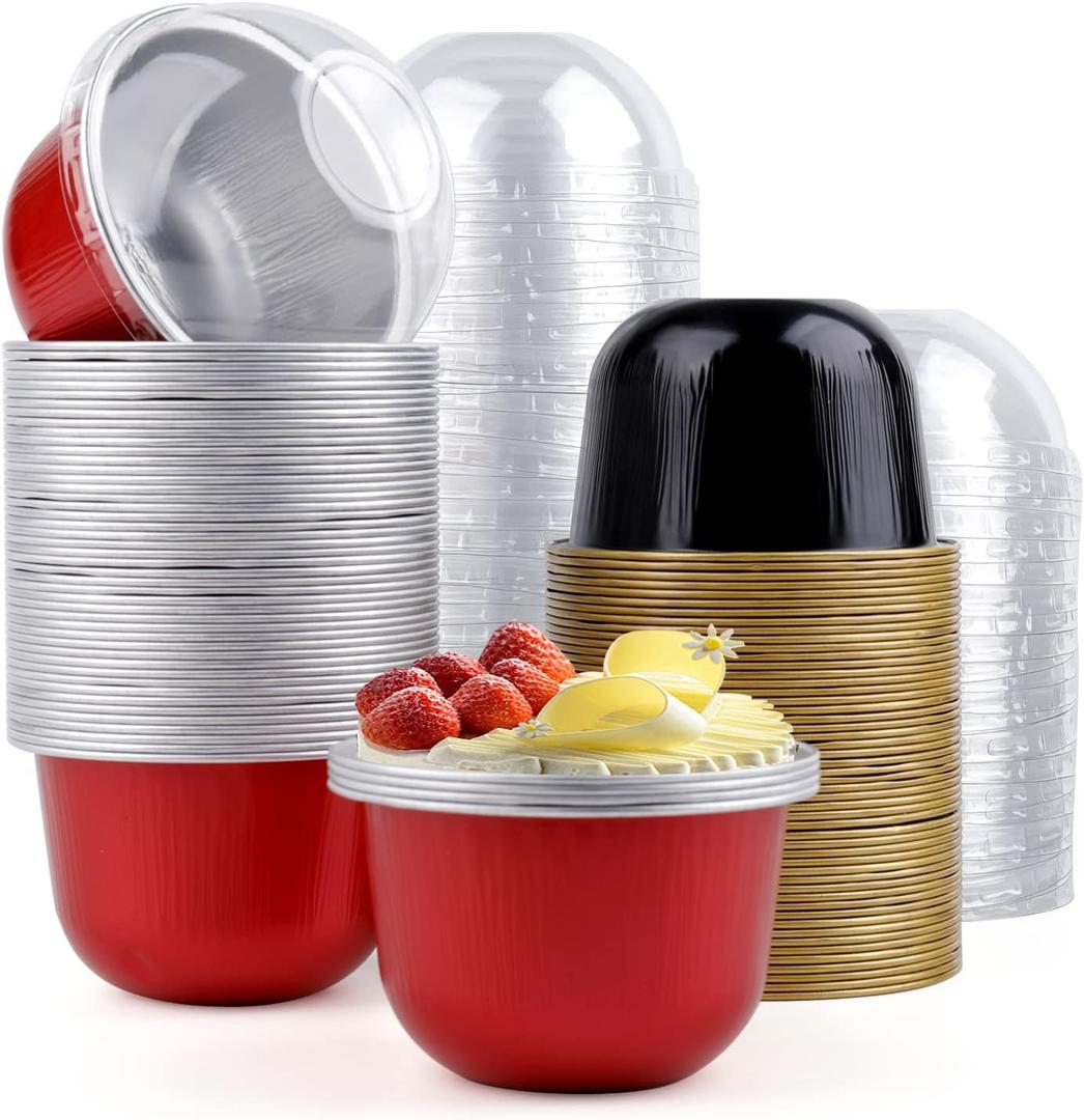 Hacaroa 100 Pcs Aluminum Foil Baking Cups with Dome Lids, 6 Oz Disposable Cupcake Liners Ramekins, Reusable Mini Muffin Case Dessert Containers for Wedding, Birthday, Party, 2 Colors