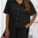 APAFES Women Summer Cotton Linen Short Sets 2 Piece Shorts Top Lounge Beach Vacation Two Piece Outfits Tracksuits (Black, M)