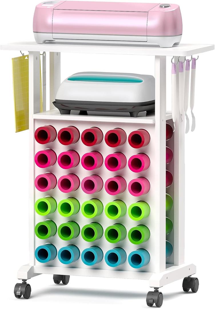 Organizers and Storage for Cricut Machines, Rolling Craft Storage Cart with 30 Vinyl Roll Holders, Crafting Table Organization Workstation for Craft Room Home, Compact Removable