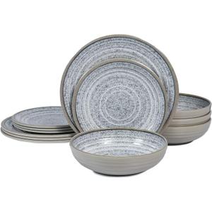 Melamine Dinnerware Sets 12 PCS - Service for 4 Plates & Bowls Sets Dishwasher Top-Shelf Safe, BPA Free Dinner Dishes Set for Everyday Use-Granite Pattern Gray