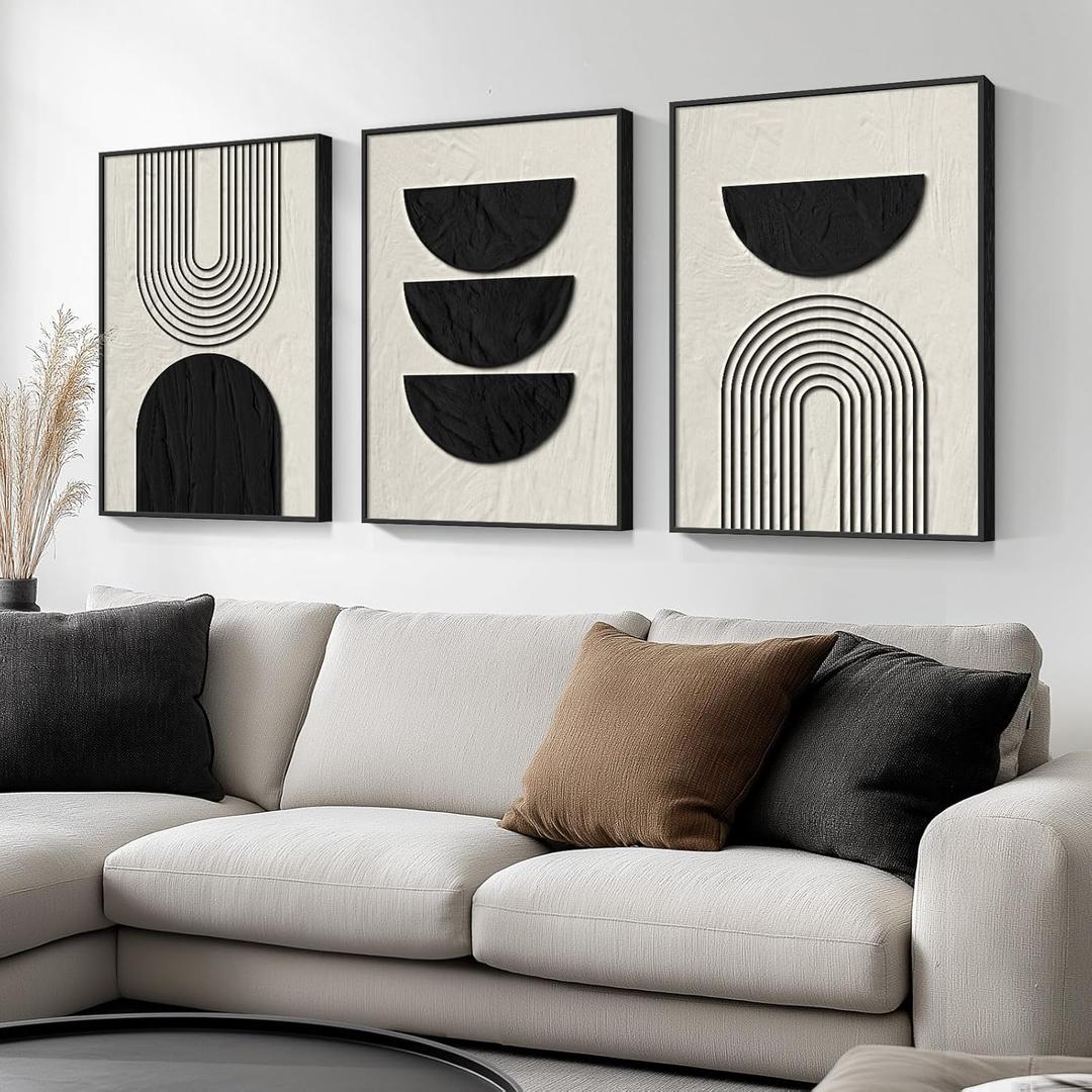 Framed Boho Wall Art for Living Room, Large 3 Piece Neutral Geometric Black and Beige Abstract Pictures Wall Art Decor, Farmhouse Vintage Artwork Home Decor for Hallway Office Guest Room 24x36 Inch