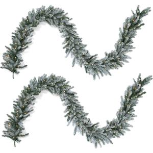 Papyrus 2 Pack of 9 ft Pre-Lit Frosted Blue Spruce Garland, Artificial, Warm White Light, Battery Powered, Indoor/Outdoor