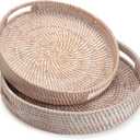 Round Rattan Serving Tray Decorative Woven Ottoman Trays with Handles for Coffee Table White (Small 11.8 inch x 2 inch)