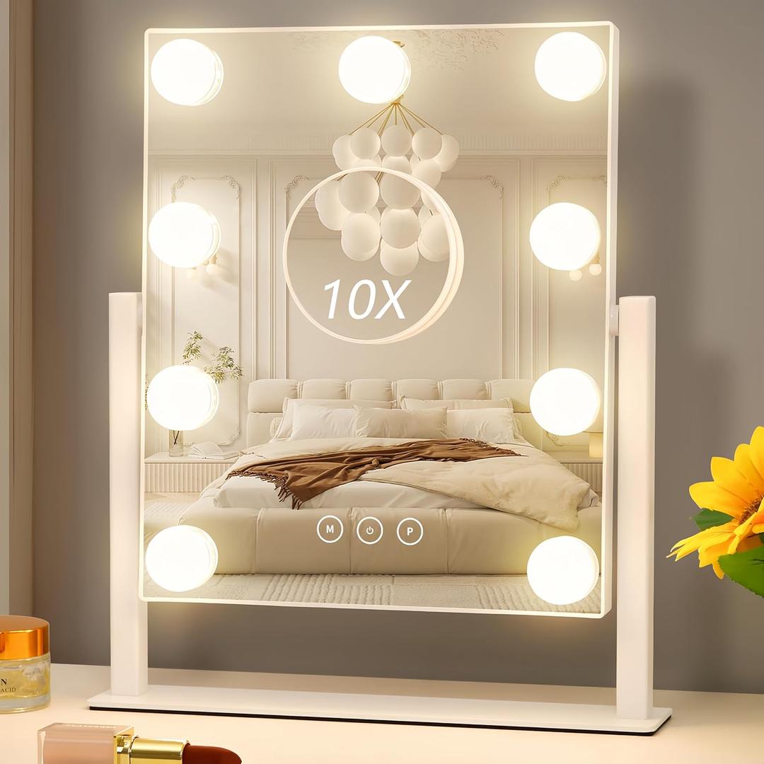 Vanity Mirror with Lights, Hollywood Vanity Makeup Mirror with 9 Dimmable LED Bulbs, 3 Color Lighting Modes, Detachable 10X Magnification, 360Rotation,White