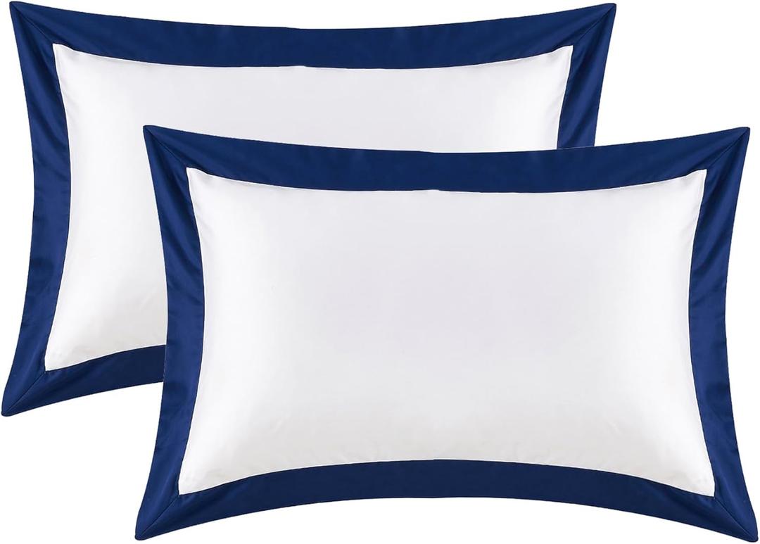 White Pillow Shams King Size Set of 2, 100% Cotton Hotel Luxury Decorative Pillow Sham with Navy Border, 400TC Sateen Weave Soft Smooth Breathable Elegant Pillowcases for Bedding, 20x36 Inches