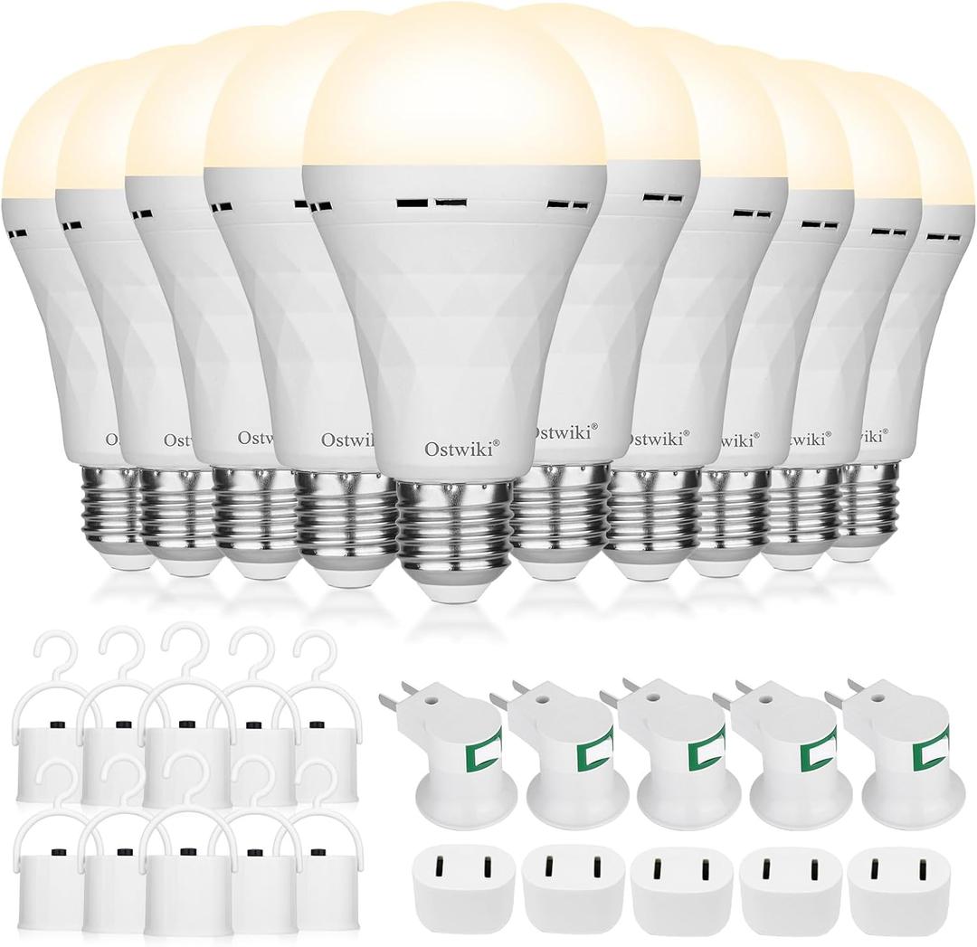 10 Pack Rechargeable Light Bulbs, Emergency Light Bulbs for Power Outage Hurricane Camping 3000K Warm Light Battery Operated Light Bulb 9W E26 1200mAh Battery Backup Soft Light Bulb for Lamps