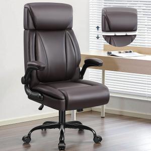 Leather Office Chair, Big and Tall Office Chair Executive Breathable PU Computer Chairs with Lumbar Support, High Back Home Desk Chairs with Flip-up Armrests, Adjustable Headrest (Coffee)