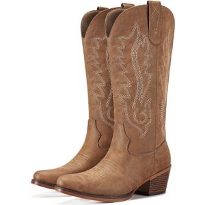 Rollda Cowboy Boots for Women Western Cowgirl Boots Mid Calf Chunky Heel (Brown) 8