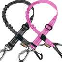 AUBELL Dog Seat Belt for Car,2 Pack Set 3-in-1 Adjustable Reflective Bungee Heavy Duty Dog Car Harness Tether with Clip Hook Latch & Buckle, Swivel Zinc Alloy Carabiner, Black+Hot Pink
