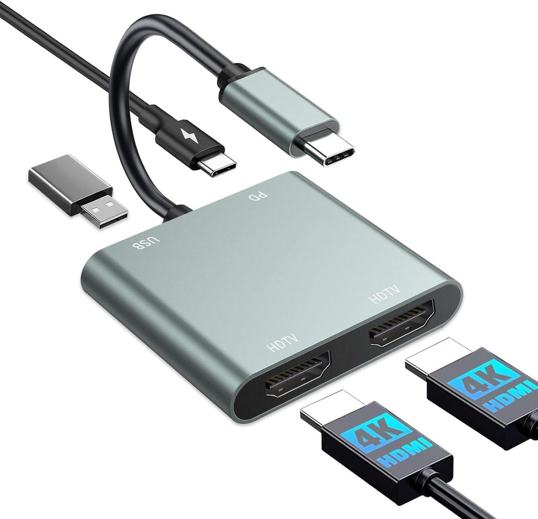 USB C to Dual HDMI Adapter - 4K@30Hz Dual Monitor HDMI Adapter with 100W PD Charging, USB3.0 5Gbps & Thunderbolt 3 Compatible for Laptop/Tablet