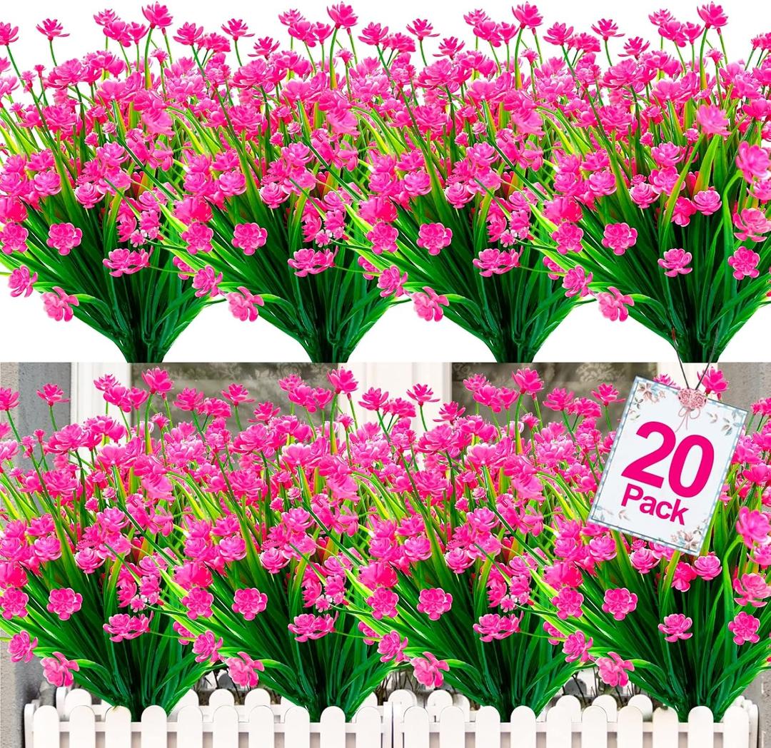 TURNMEON 20 Bundles Artificial Flowers for Outdoors, Summer Spring Grass Camellia Fake Flowers Plastic Plants, UV Resistant No Fade Faux Greenery for Gardens Porch Yards Cemetery Decor 500 Heads (Pink)