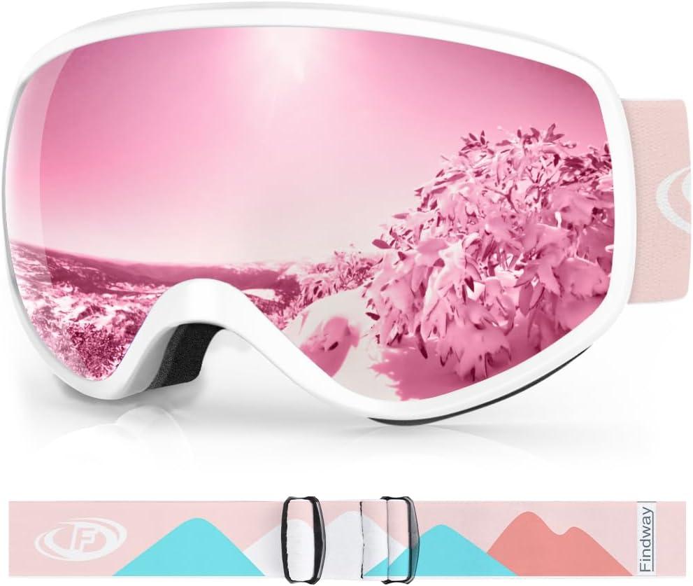 Findway Kids Ski Goggles, Kids Snowboard Goggles for Boys Girls Toddler age 3-12 (White Frame Pink Silver Lens(vlt 21%))