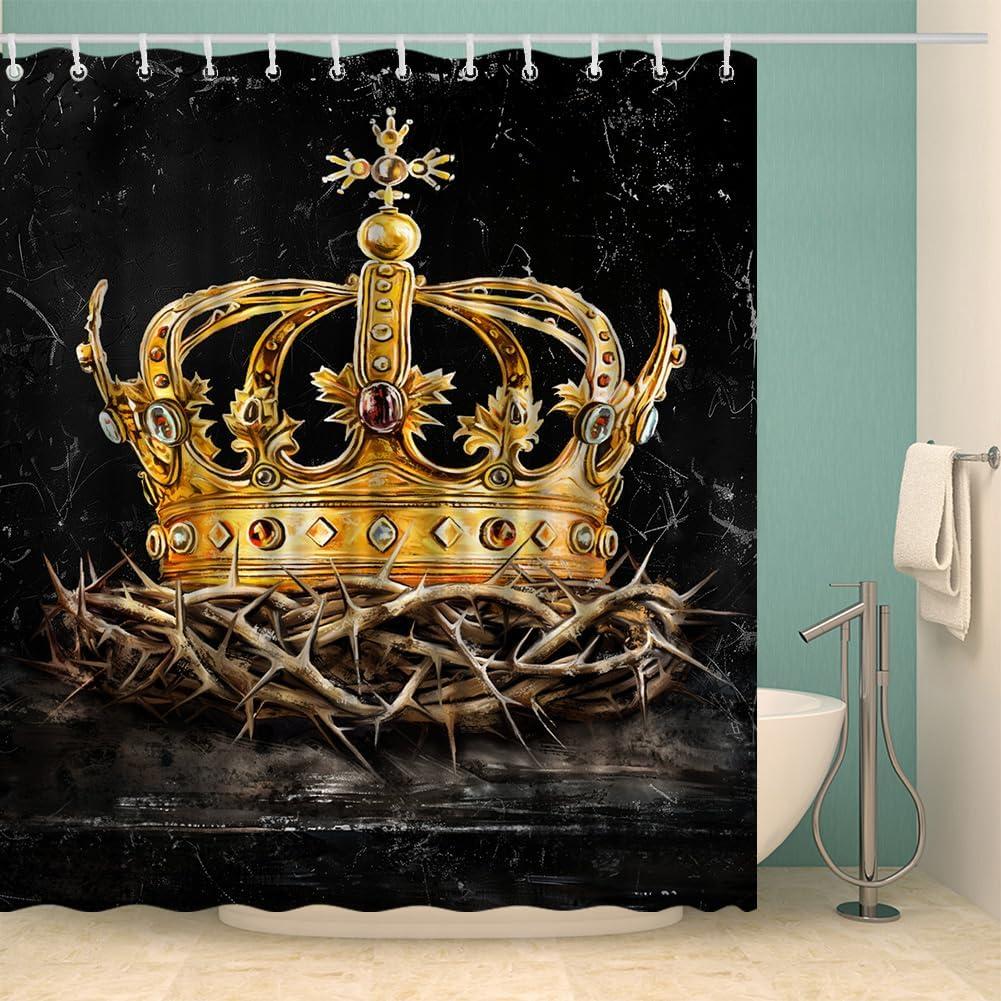 King Crown Shower Curtain Black and Gold Bathroom Decor with 12 Hooks 72x72 Inches