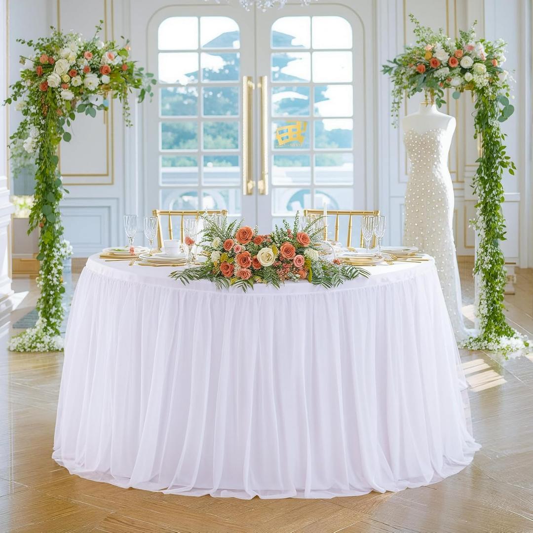 Suppromo Tulle White Round Tablecloths for 72 inch Table Wrinkle Free 132inch Fitted Round Table Cloths Cover with Skirt for Party, Wedding, Birthday, Baby Shower, Banquet, Home Decoration